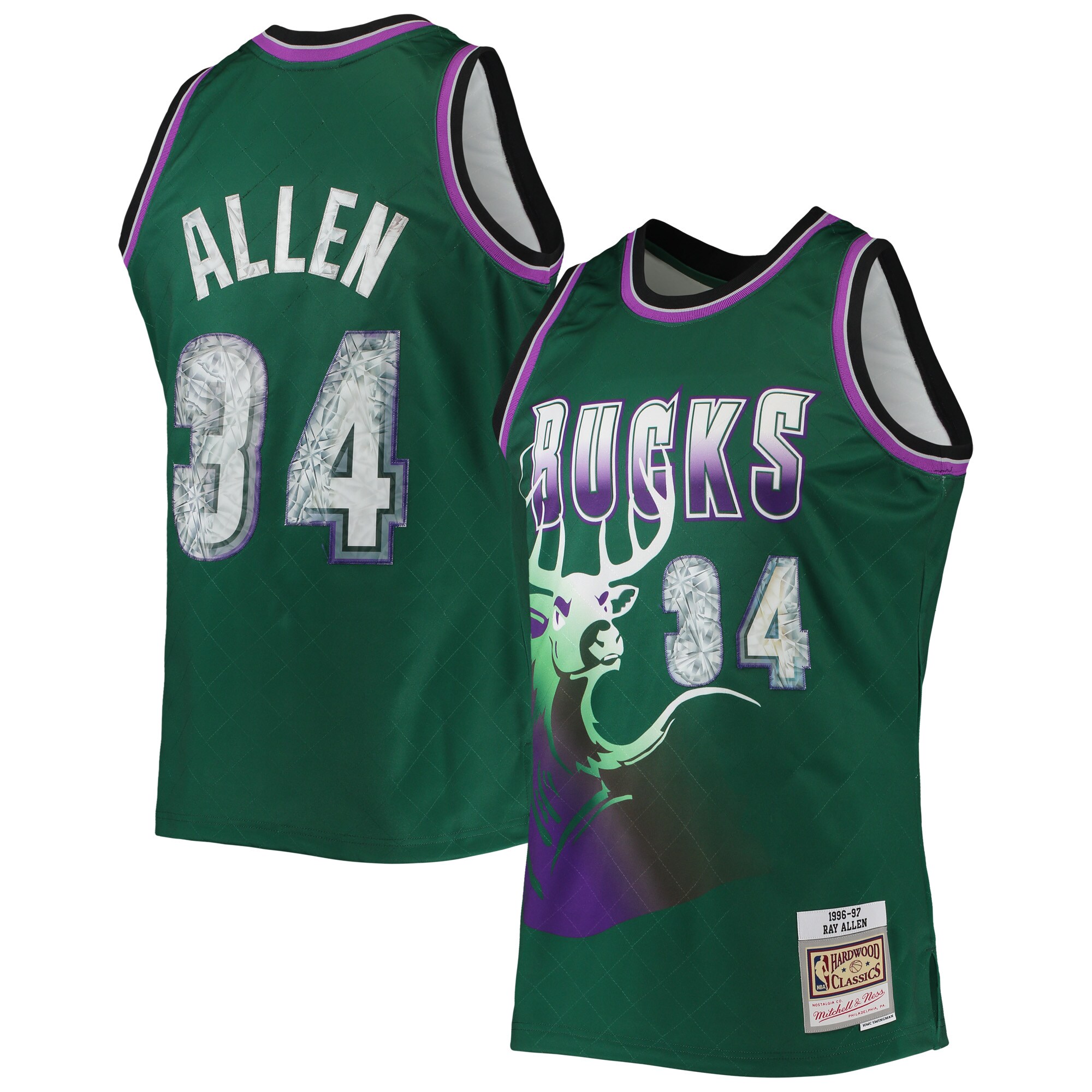 Ray Allen Milwaukee Bucks Mitchell & Ness 1996/97 Hardwood Classics NBA 75th Anniversary Diamond Swingman Jersey – Green