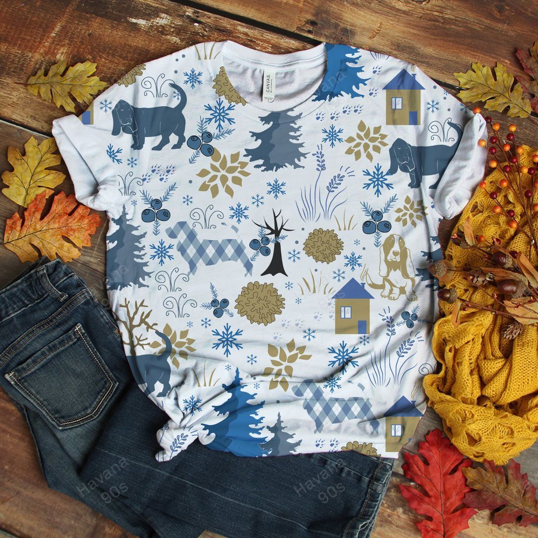 Basset Hound T-shirt Christmas Blue
