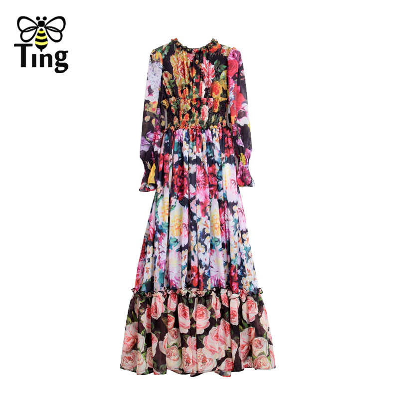 Tingfly Summer Haut Plus Size Maxi Dress Women Elastic Waist Tiered Layers Hem Rose Floral Print Vintage Elegant Long Dress De alx