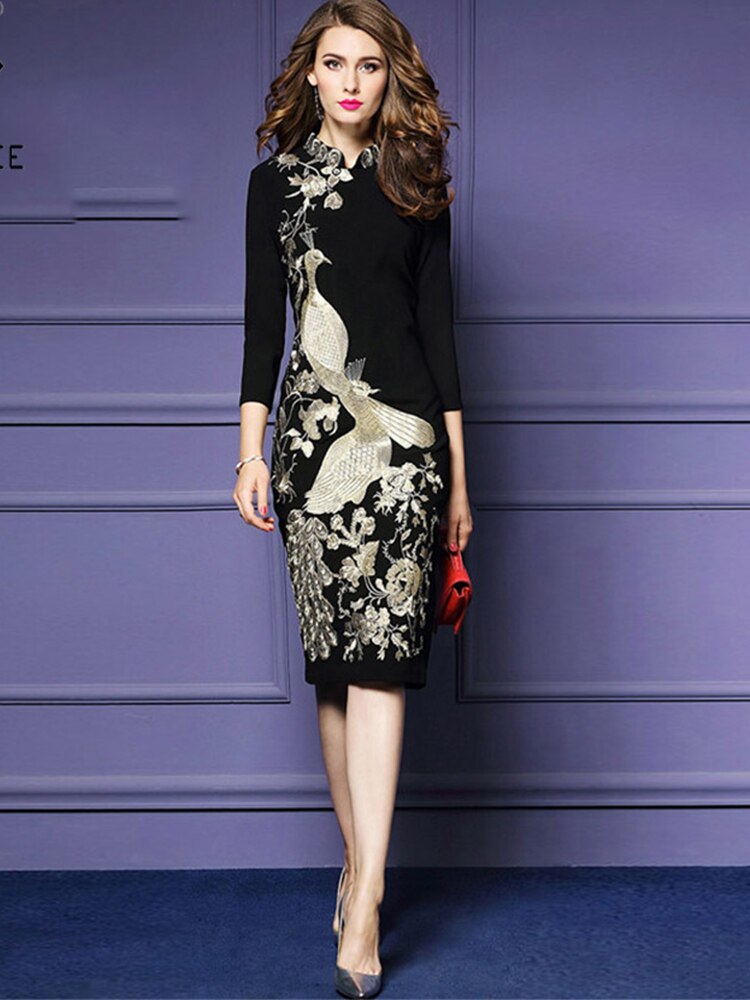 Women Chinese Style Cheongsam Phoenix Flower Embroidery Pencil Dresses High Waist 3/4 Sleeve Stand Collar Zipper Dress D91114I alx