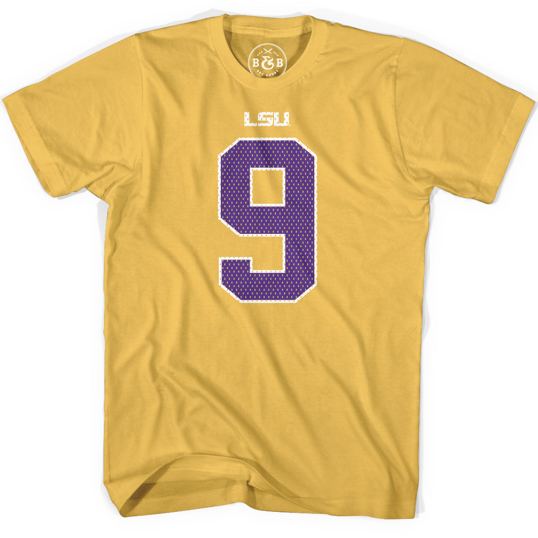 B&B Dry Goods LSU Tigers #9 Football Jersey T-Shirt – Old Gold