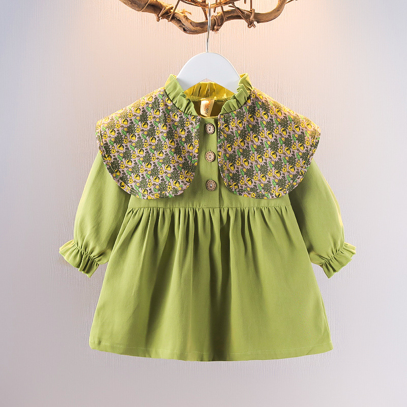 baby girl dress green cotton long sleeve spring fall dresses toddler baby clothing big turn-down collar korean style clothes alx