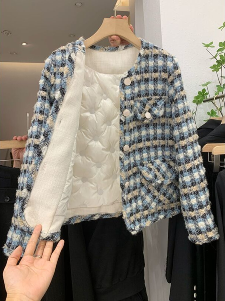 Woman Light Down Tweed Plaid Coats Female Windproof Warm White Duck Down Coat Ladies Fashion Vintage Tweed Woolen Jackets G439 alx