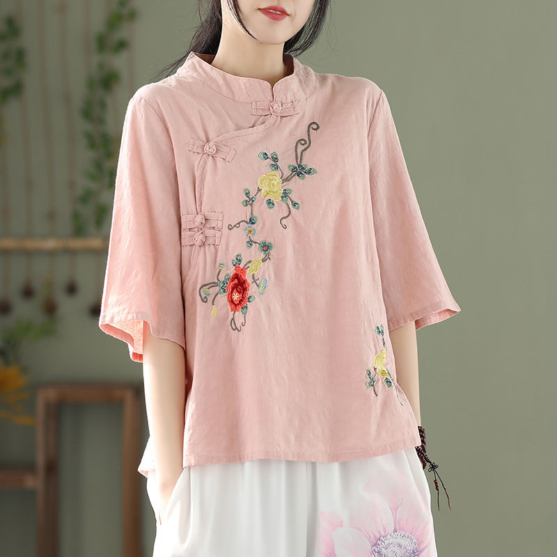 Summer Embroidery Shirts Women’s Chinese Traditional Clothing Loose Button Up Blouse Tang Suit Hanfu Short Sleeve Tshirt Zen Top alx