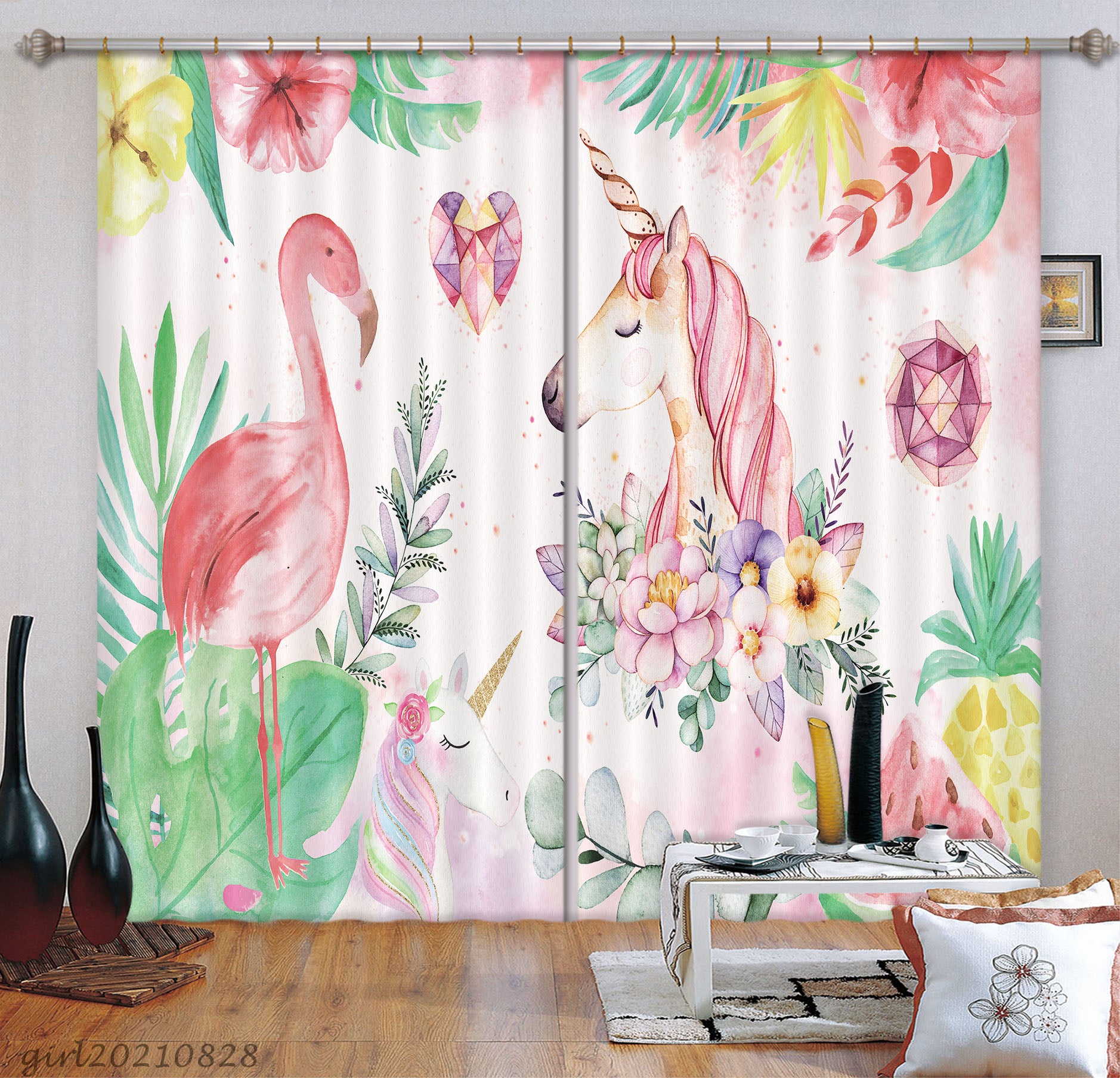 3D Cartoon Animal Flamingo Unicorn Curtains And Drapes Lqh 106