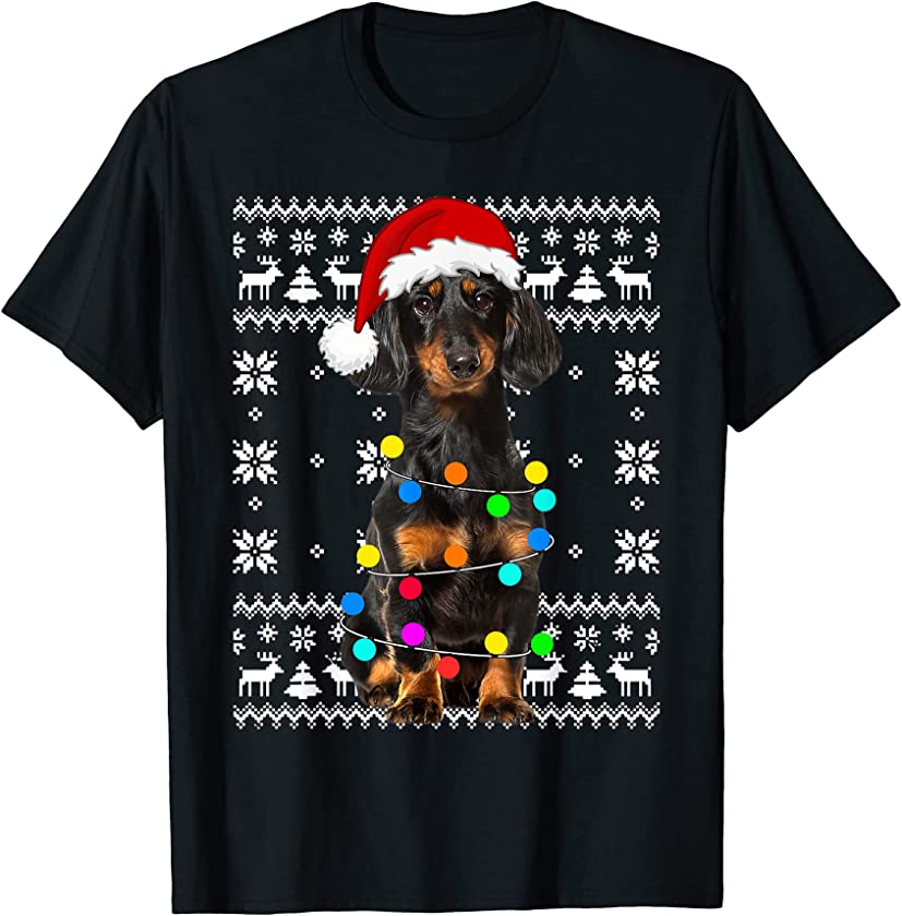 Dachshund Dog Lights Ugly Puppy Santa Hat Christmas T-Shirt