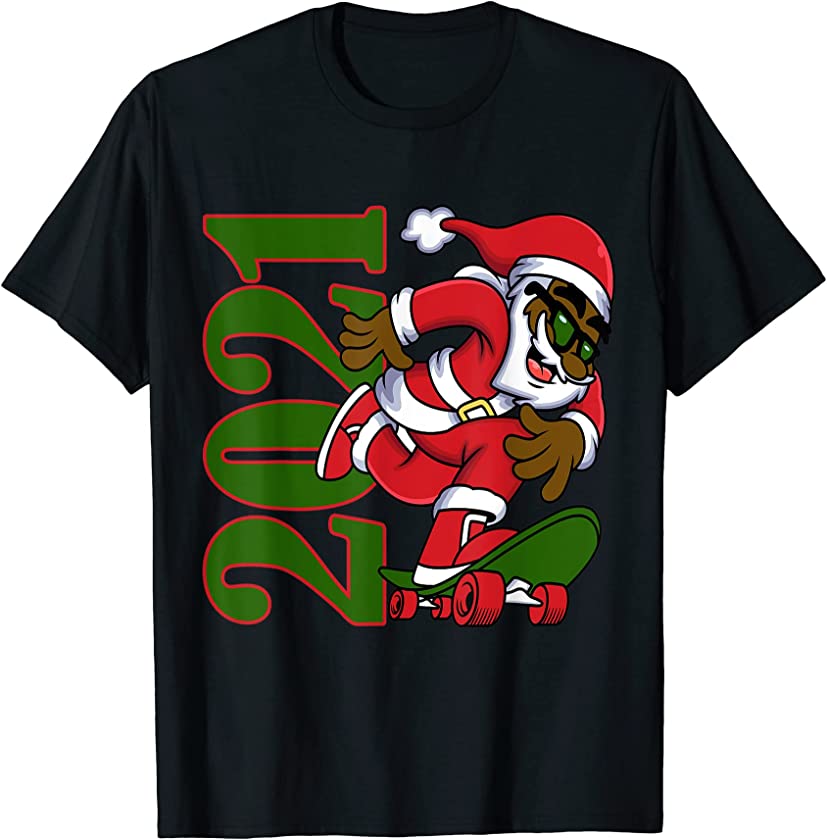 Skateboarding African American santa claus Christmas 2021 T-Shirt