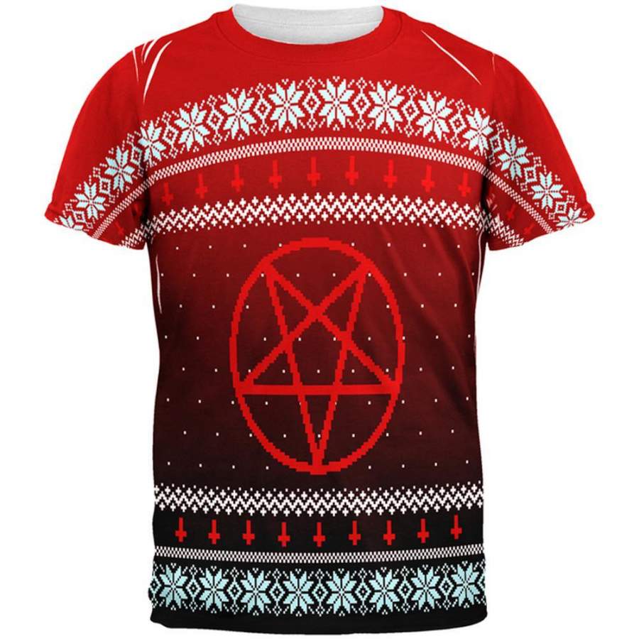 Ugly Christmas Sweater Red Black Pentagram Ombre All Over Mens T Shirt