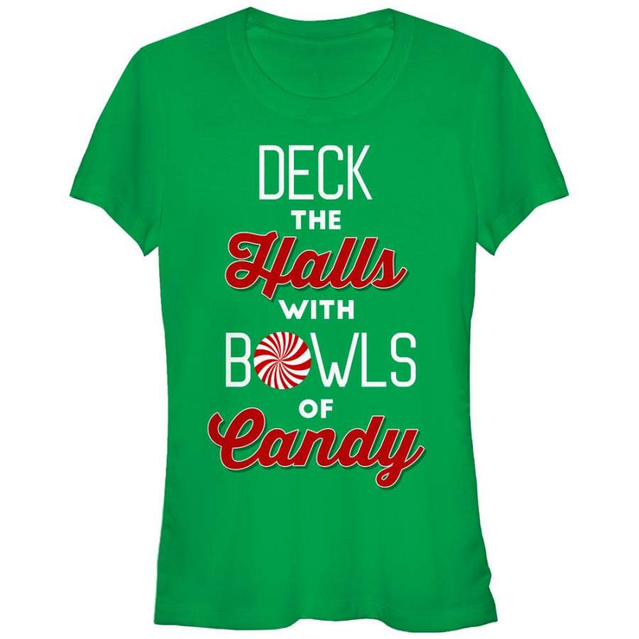 CHIN UP Junior’s Christmas Candy Deck the Halls  T Shirt Kelly Green