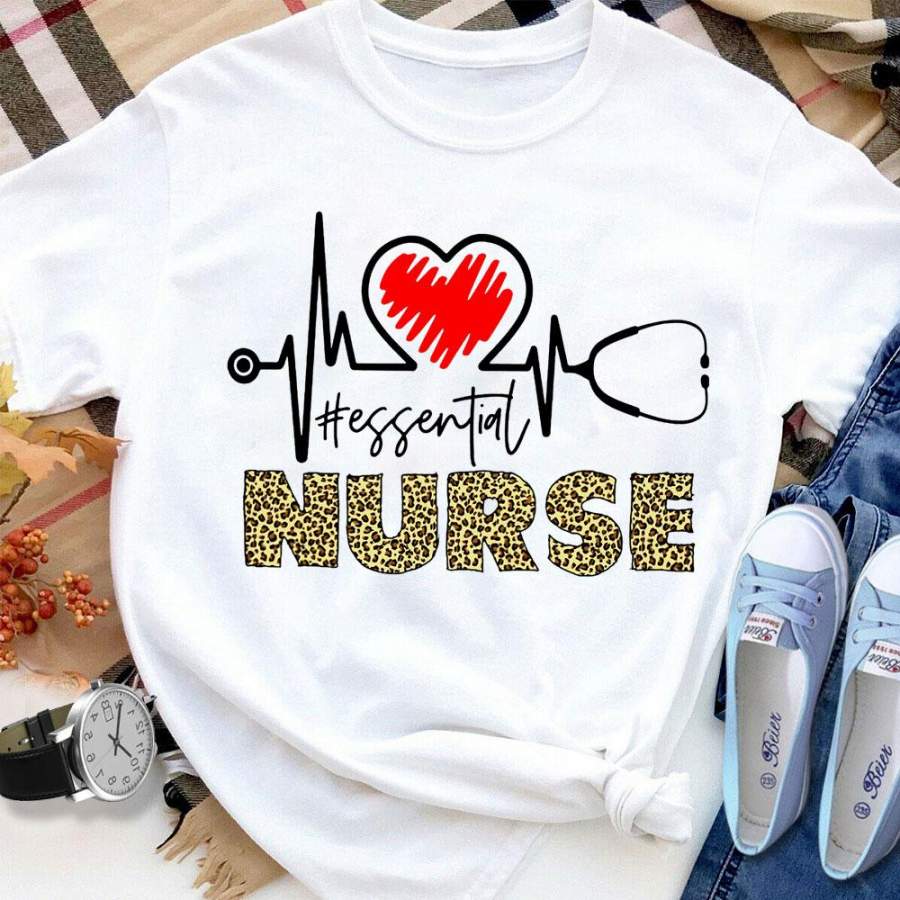 Nurse heart stethscope heart beat essential nurse leopard white cotton t shirt for men and women S-6XL