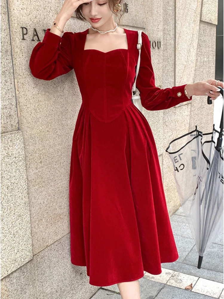 Za Fashion Dress Fairy 2021 Autumn Winter Solid Retro Elegant Evening Party Midi Dress Long Slevee France Vintage Dress Women alx