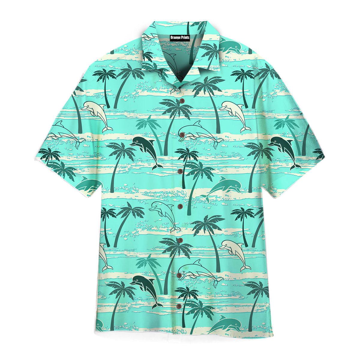 Dolphins Palm Trees Summer Hawaiian Shirt – All Over Print Hawaiian Shirt – Mens Hawaiian Shirt