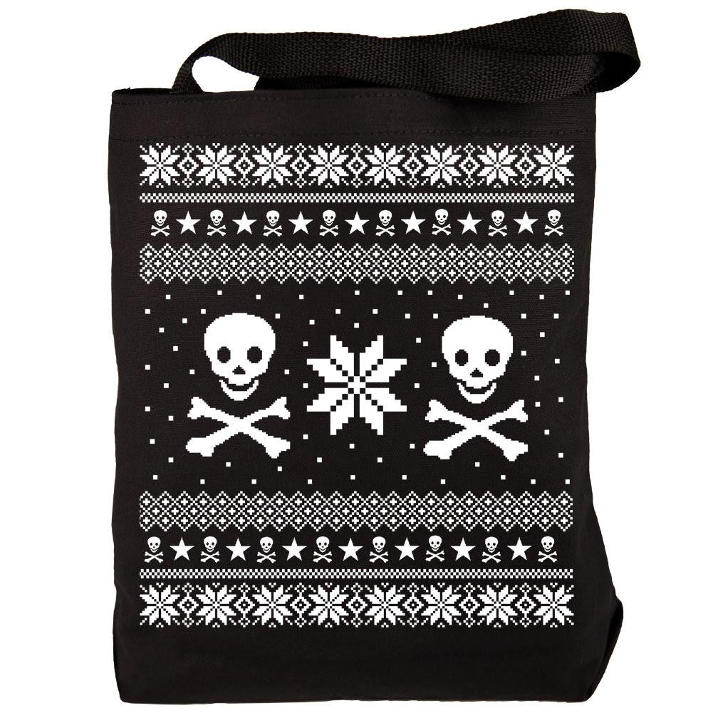 Skull & Crossbones Ugly Christmas Sweater Canvas Tote Bag Black