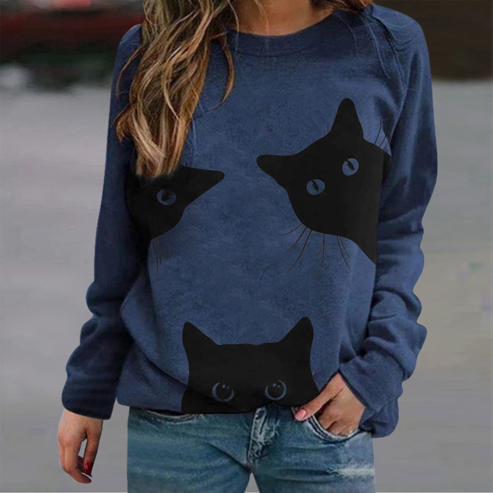 Women Shirts Size Medium Cat Women’s O-Neck Cute Top Sweatshirt Long Pullover Loose Sleeve Women’s Loose Dry Fit Shirts Women alx