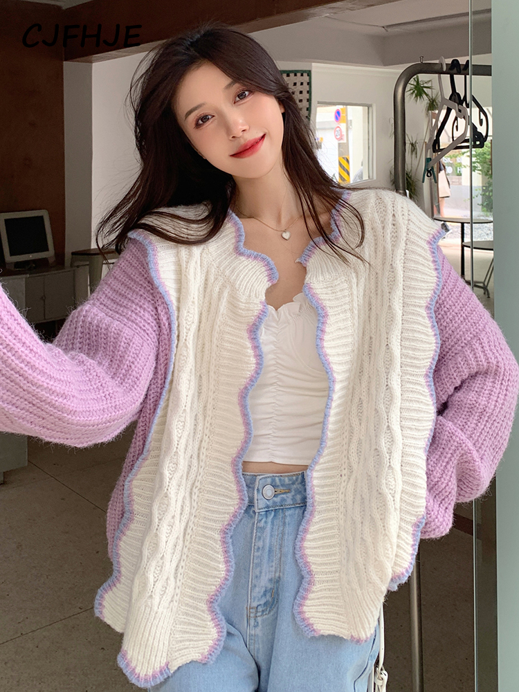 Autumn Patchwork Sweater Cardigan Women Korean Long Sleeve Sweet Knitting Sweater Coat Female Winter Warm Kawaii Coats 2022 New alx