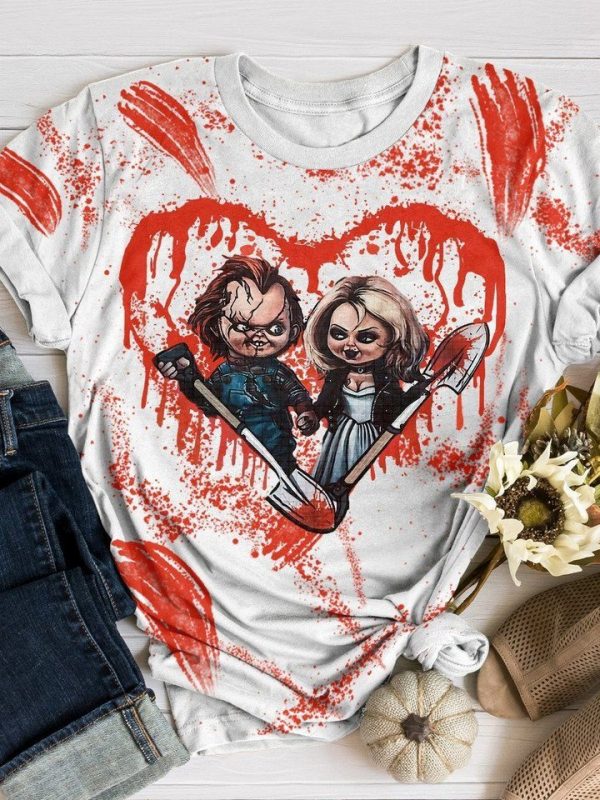 Horror Valentines Day Halloween Print Short Sleeve T-Shirt White Shirt