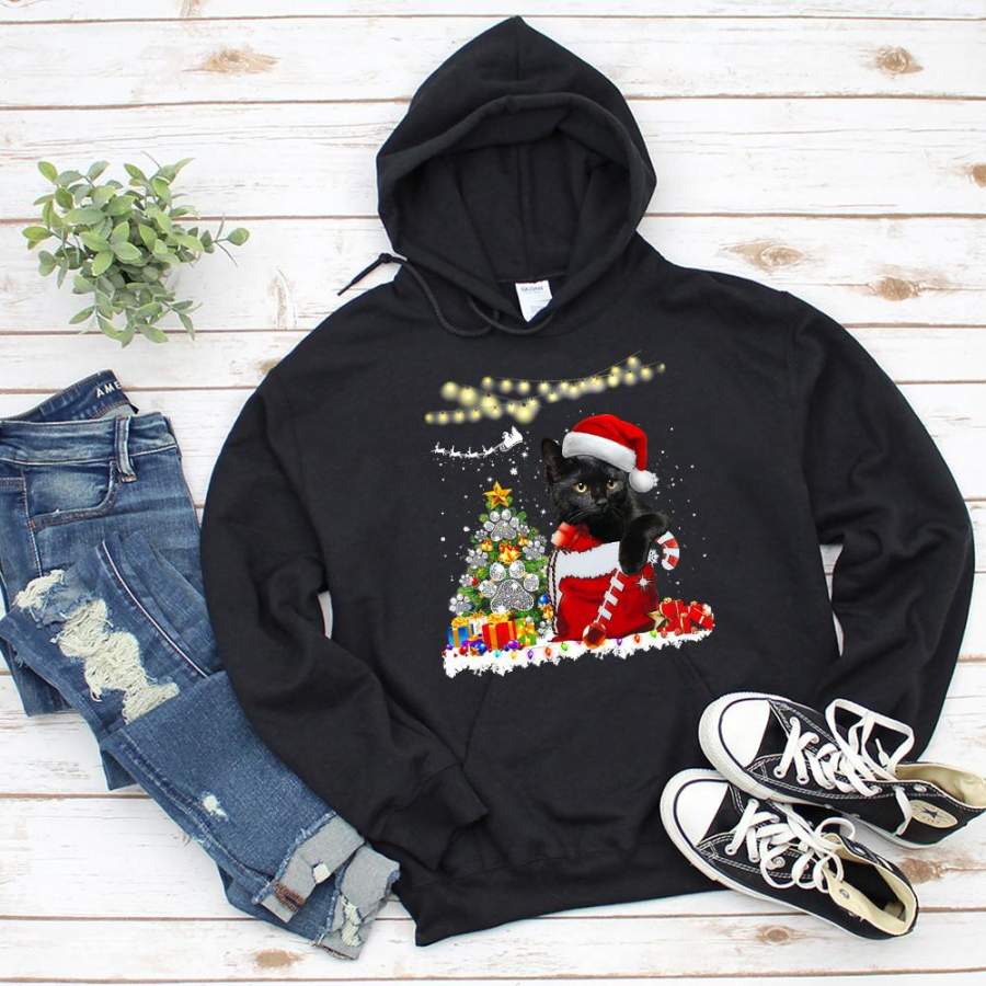 Black cat snata merry christmas light xmas tree gifts snow winter black hoodie for men and women S-5XL