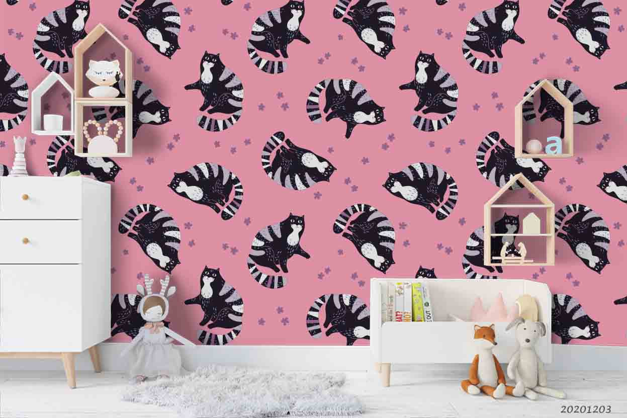 3D Cartoon Black Cats Animal Pattern Pink Wall Mural Wallpaper Lxl