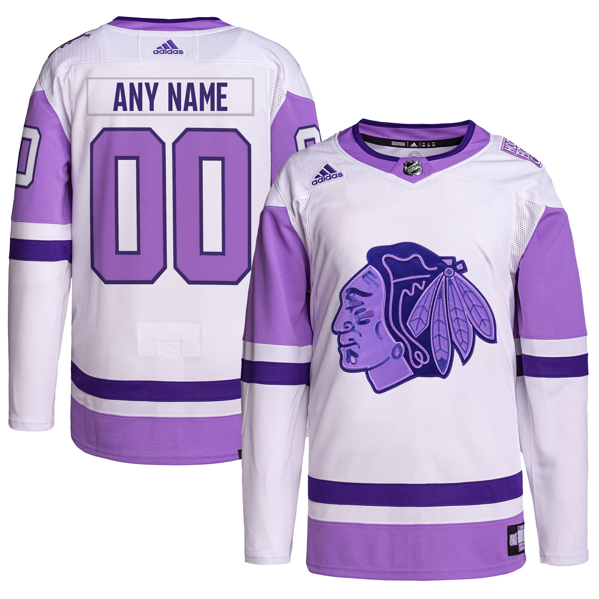 Men's Chicago Blackhawks adidas White/Purple Hockey Fights Cancer Primegreen Authentic Custom Jersey