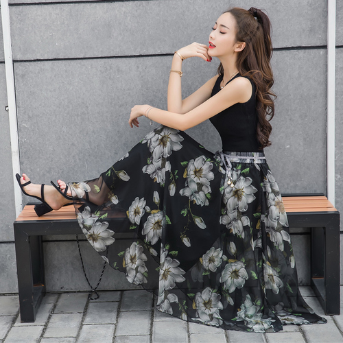 TingYiLi Flower Print High Waist Long Skirt Summer Elegant Ladies Beach Bohemian Skirt Chiffon Maxi A Line Women Skirt Big Swing alx