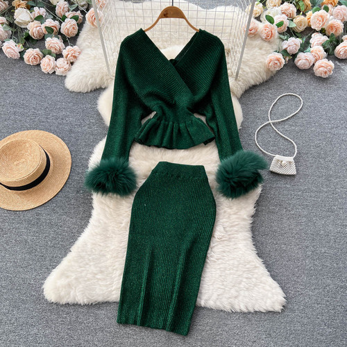 Chic Elegant Glitter Knit Fluffy Two Pieces Sets Ruffle High Waist Sexy Pencil Skirt Furry Puff Long Sleeve Pullover Sweater Set alx