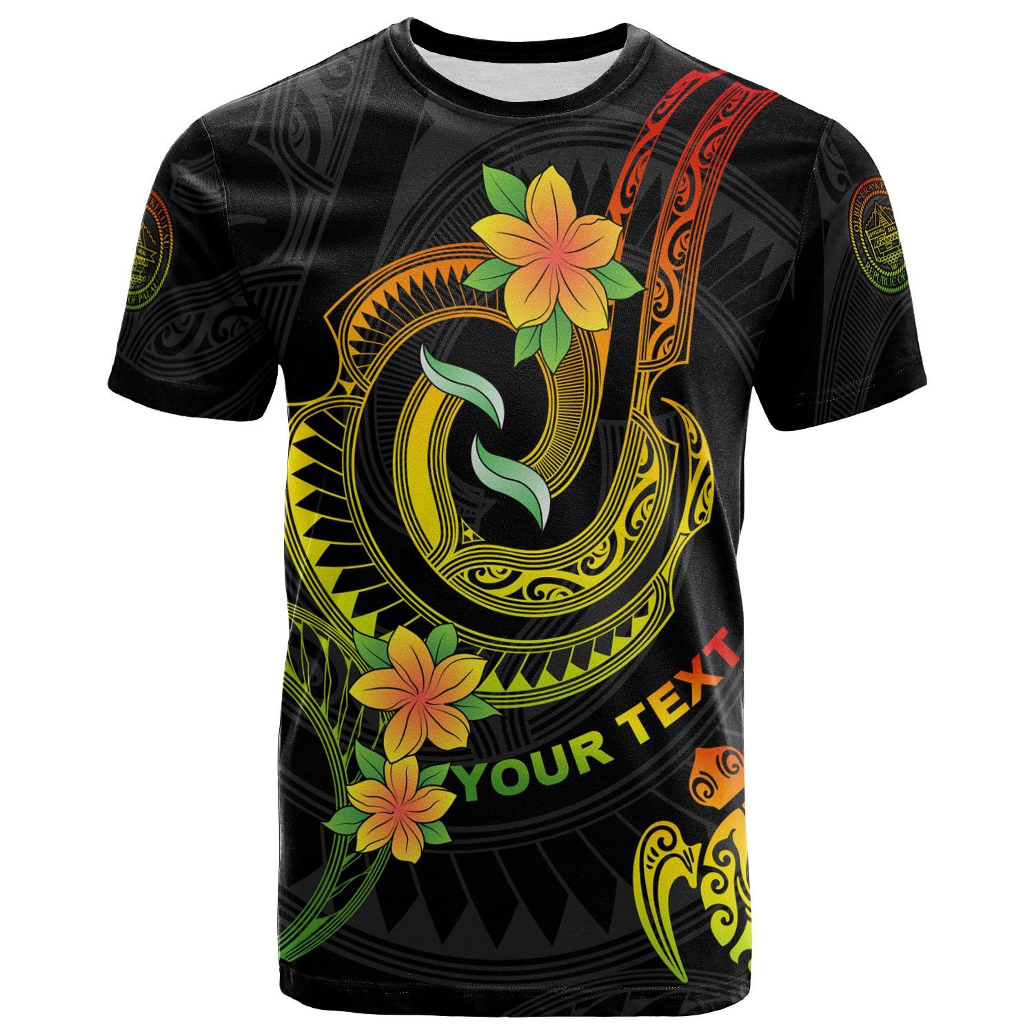 Palau Custom Personalised T- Shirt – Reggae Plumeria Flowers with Spiral Patterns – BN26