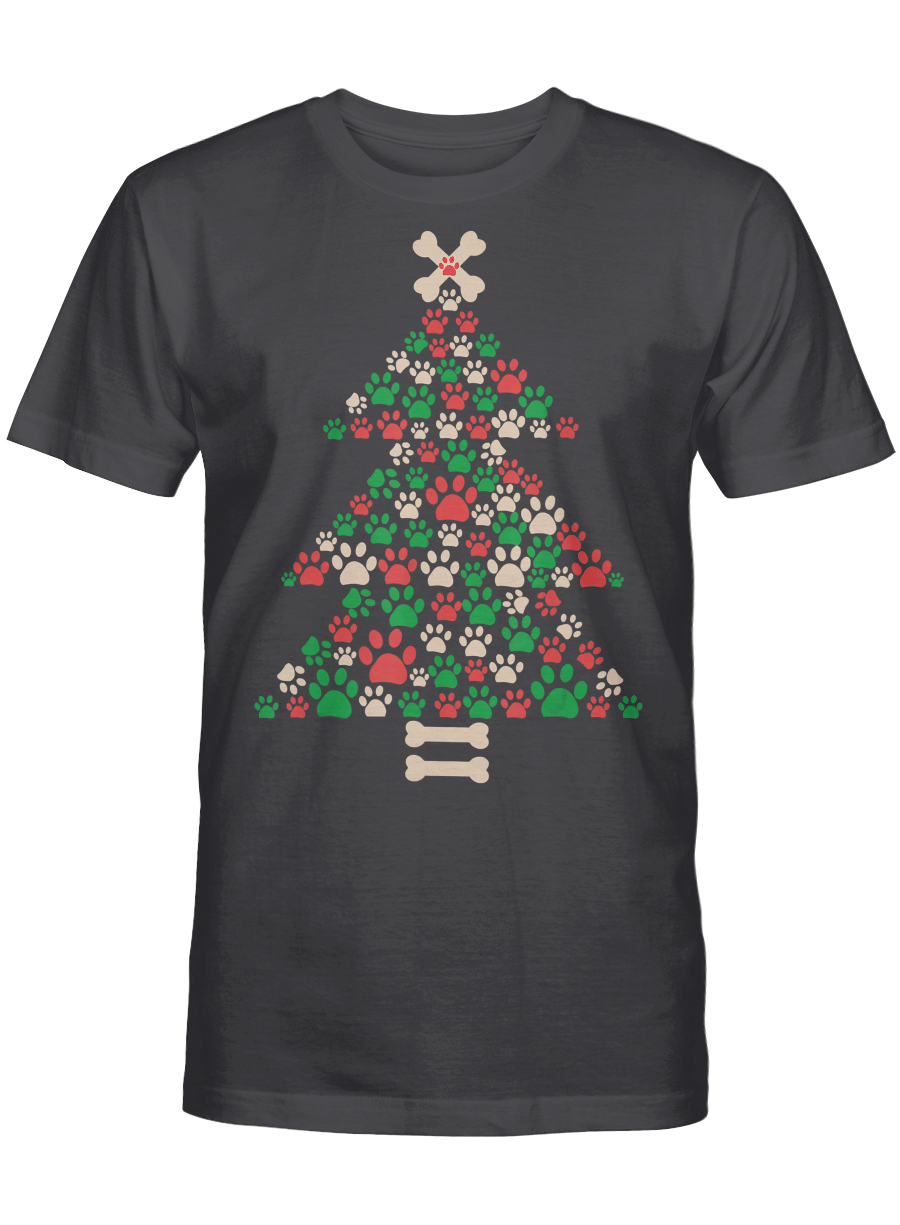 AmazeStyleZ Santa’s Reindeer, Ugly Christmas Sweater, Christmas Gift Ideas, Christmas Tree Made Of Bones And Paw Prints Dog Lover Gift T-Shirt