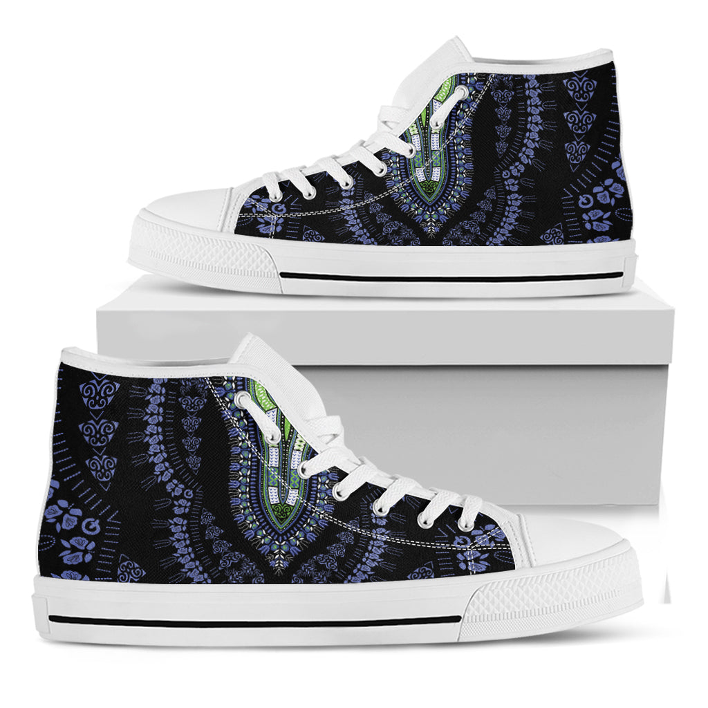 Blue And Black African Dashiki Print White High Top Shoes