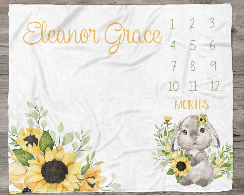 Personalized Bunny Rabbit And Sunflower Monthly Milestone Blanket, Newborn Blanket, Baby Shower Gift Adventure Awaits Monthly Growth