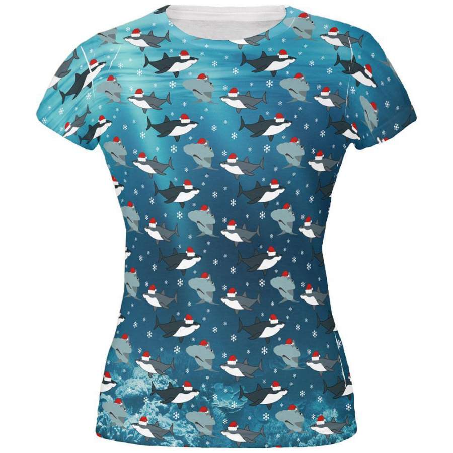 Christmas Shark Pattern All Over Juniors T Shirt