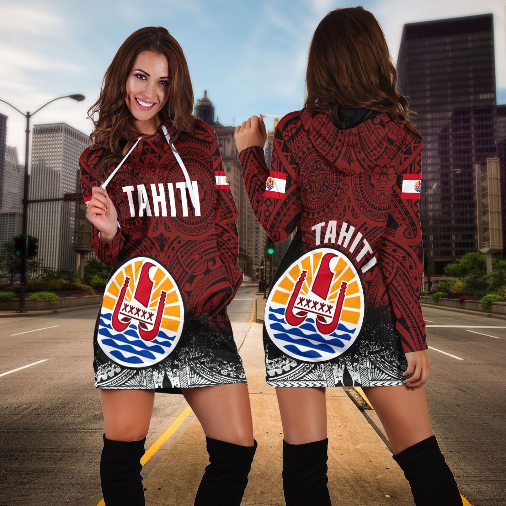 Tahiti Flag Polynesian Tattoo Hoodie Dress