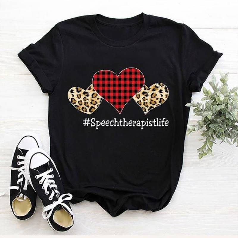 Speechtherapistlife Funny Quotes And Beautiful Imagine Art Print Heart With Leopard And Checkered Motifs Pretty Gift For Heart Lovers Black Men And Women T Shirt S-5Xl