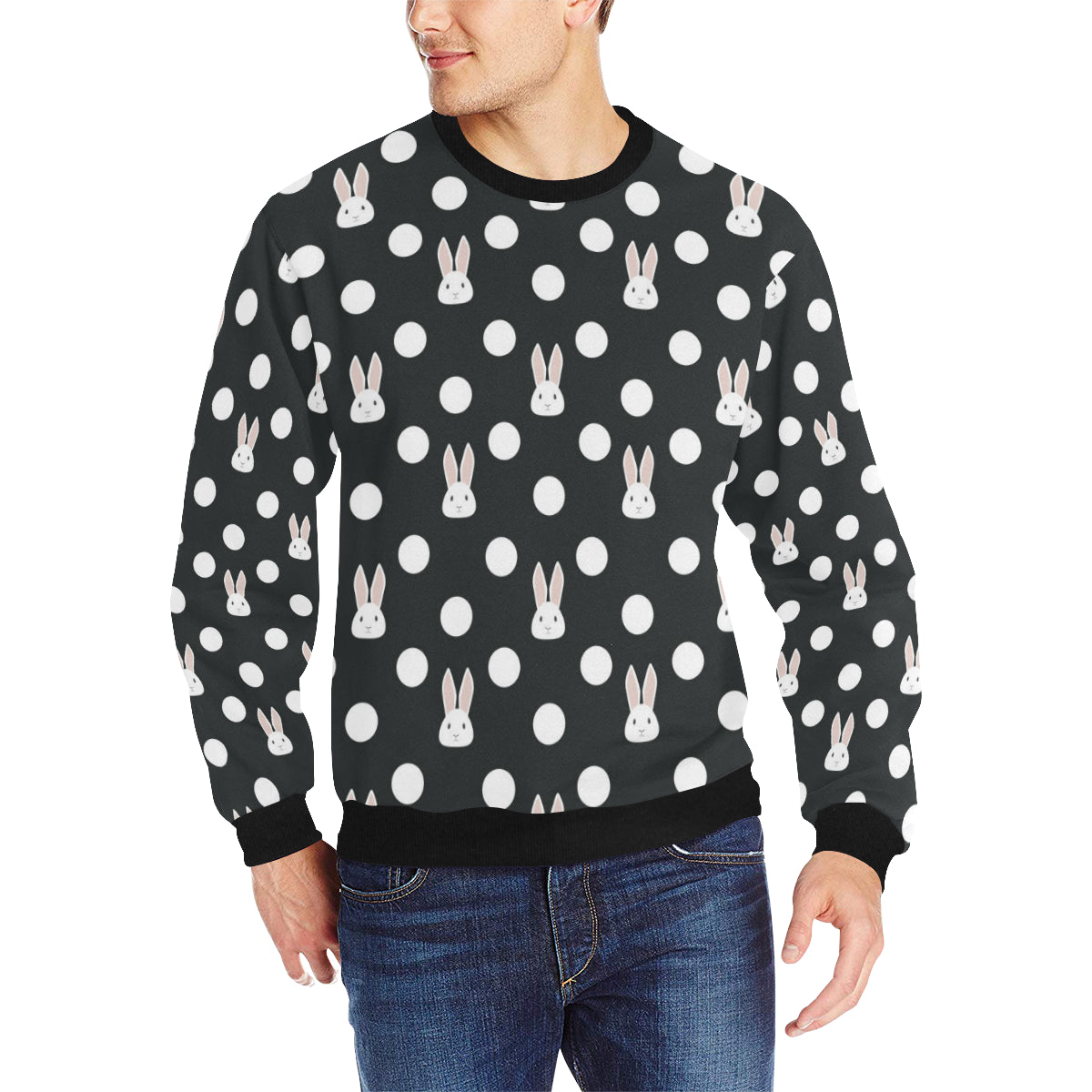 Cute white rabbit polka dots black background Men’s Crew Neck Sweatshirt