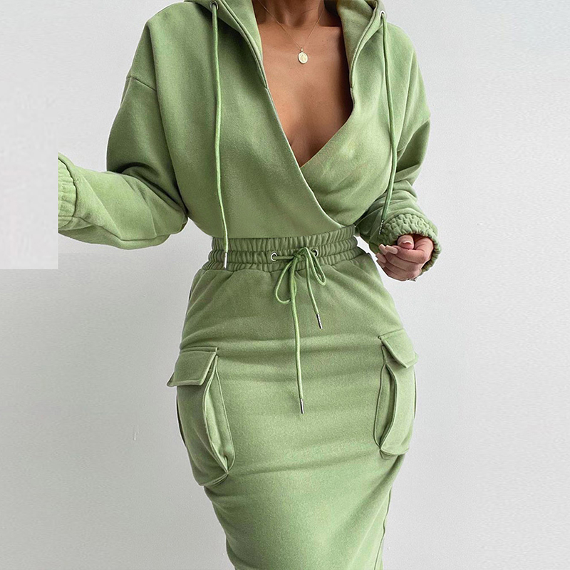 Women Long Sleeve Party Hoodie Dresses Autumn Winter Front Drawstring Sweatshirt Dresses Casual Solid Pocket Dress Vestidos alx