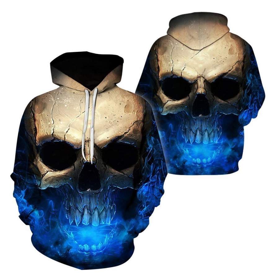 3D Effect Skull Print Pullover Hoodie Blue HC0603