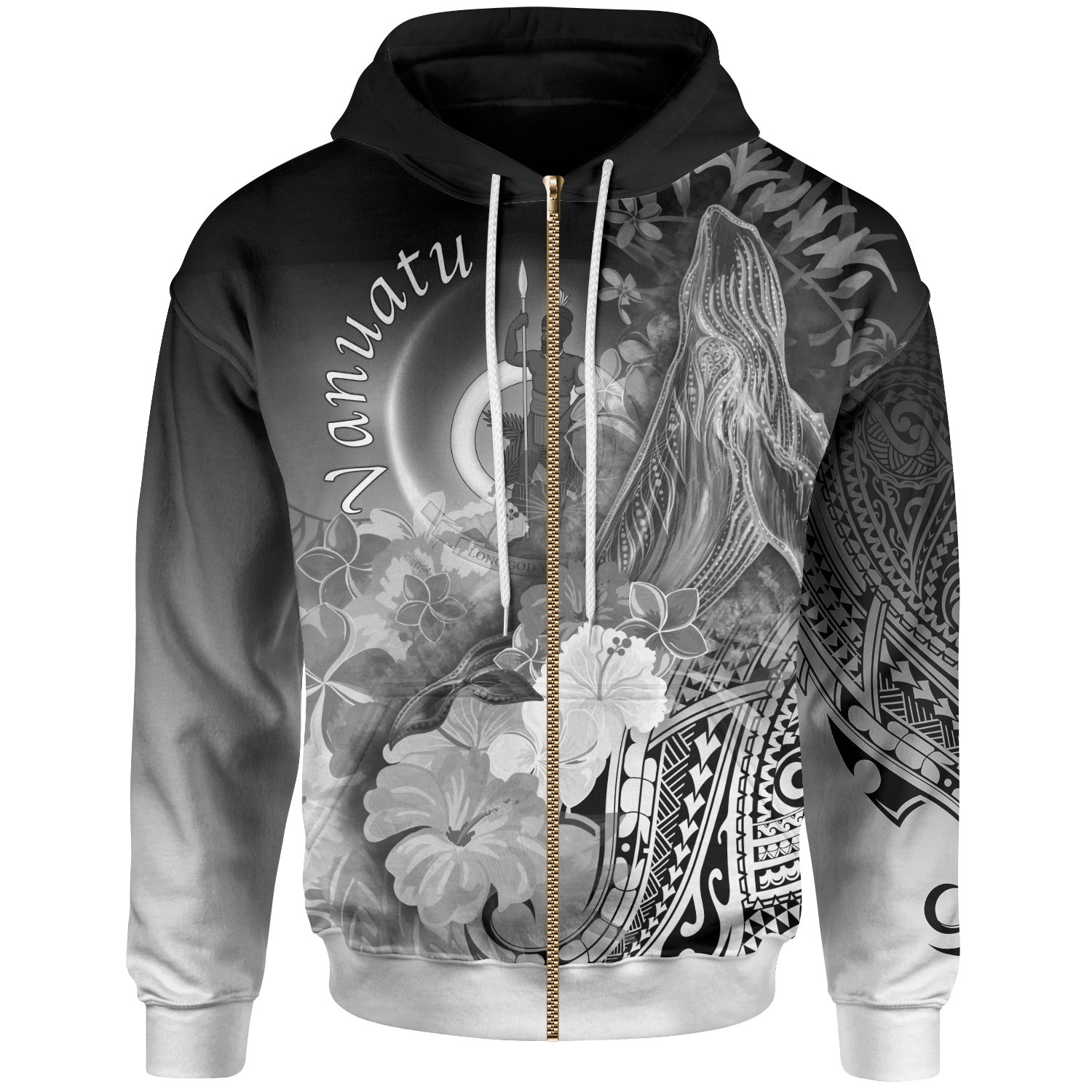 Vanuatu Hoodie Zip-Up – Humpback Whale with Tropical Flowers (White)- BN18