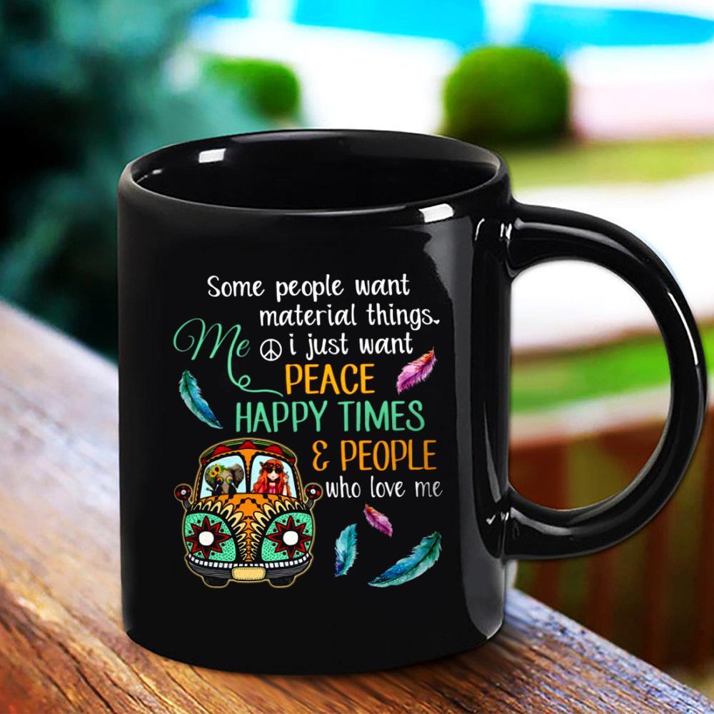 Hippie Girl And Elephant I Just Want Peace Happy Times & People Great Print Gift Black Mug Ceramic 11Oz 15Oz Coffee Tea Cup