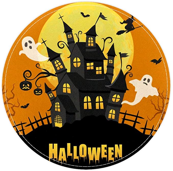 Halloween Haunted House Spooky Full Moon, Non Slip Doormat Round Area Rug Carpets Rugs For Kids Bedroom Baby Room Play Room Nursery