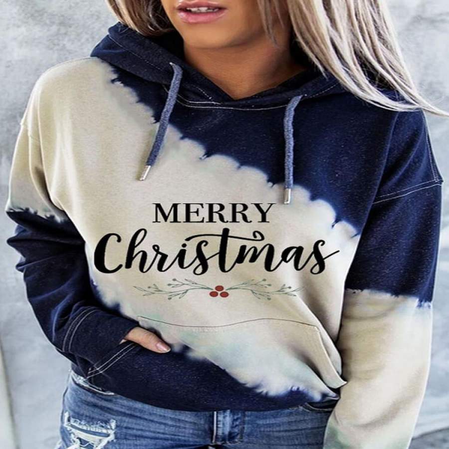 Merry Christmas Tie-Dye Print Round Neck Drawstring Hoodies