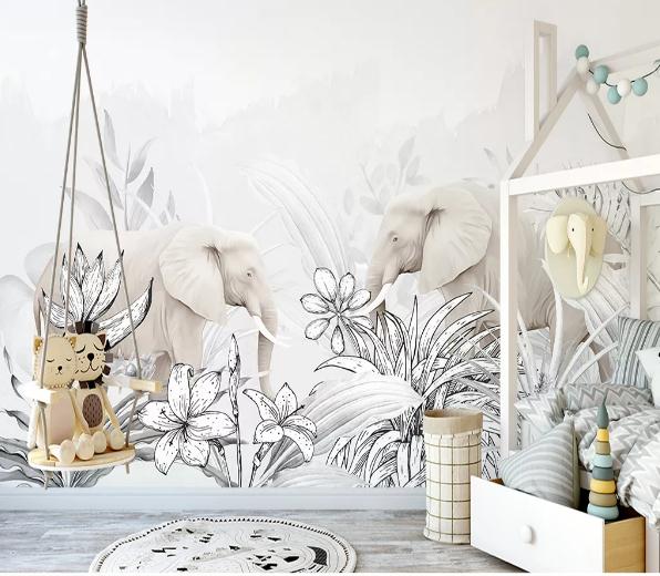 3D Nordic Retro Leaves Elephant Wall Mural Wallpaperpe 166