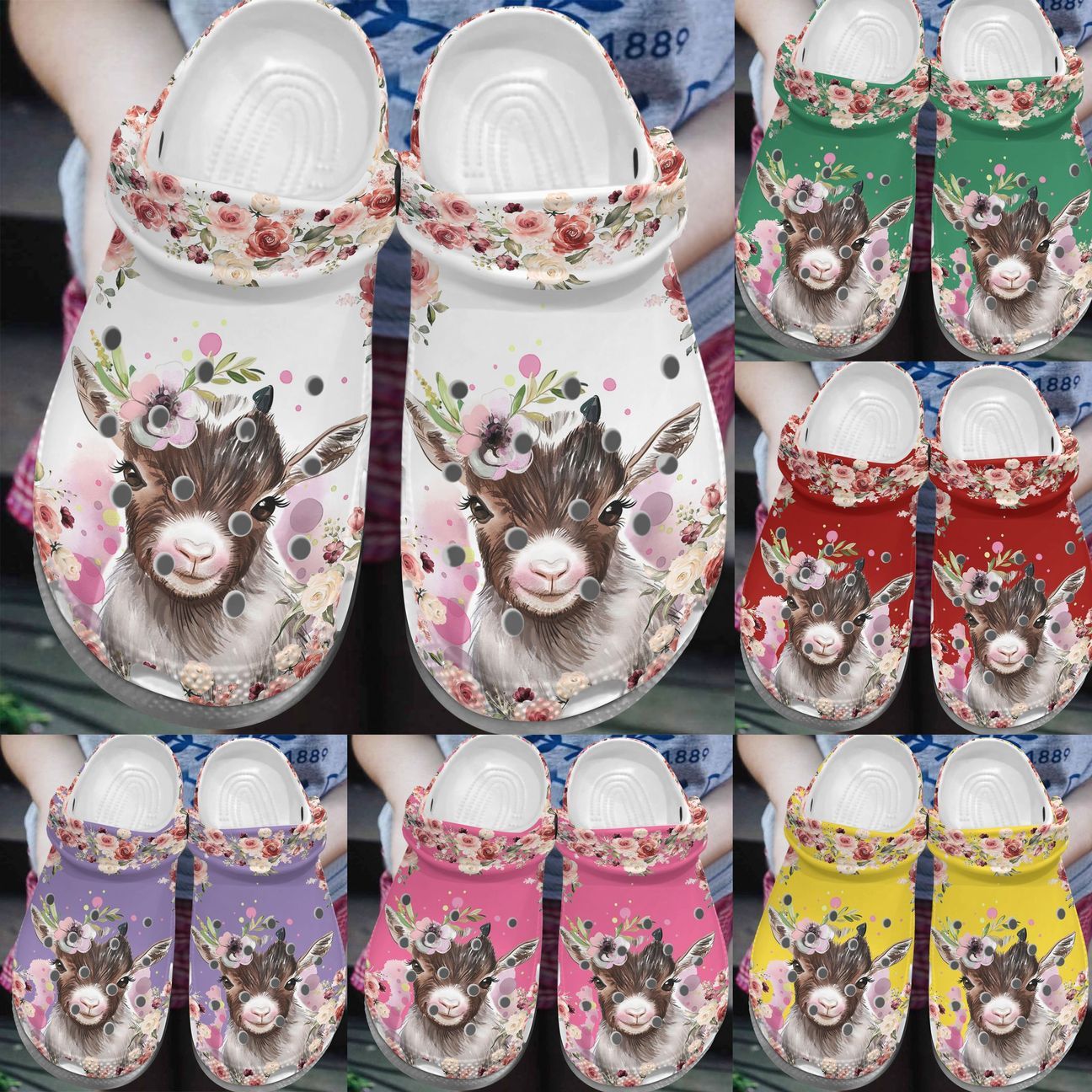 Goat Personalized Clog, Custom Name, Text, Color, Number Fashion Style For Women, Men, Kid, Print 3D Colorful Goat Flower