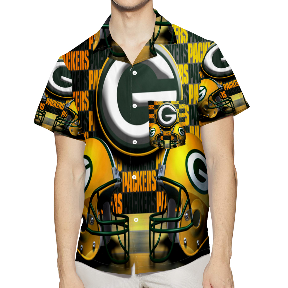 Green Bay Packers Helmet Emblem 3D All Over Print Summer Beach Hawaiian Shirt With Pocket