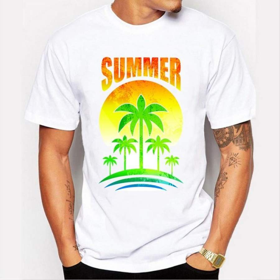 Summer Fashion Creative Beach Style Coconut Tree Printed Men’S T-Shirt Casual Short Sleeve Round Neck White Couple T-Shirts
