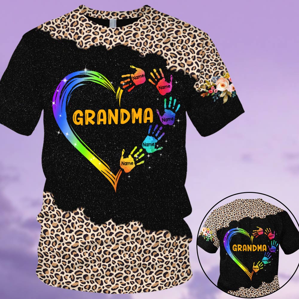 Grandma Mom Heart Hand Leopard Pattern Personalized All Over Print, 3D Hoodie, Tank Top And Legging Set For Grandma Do99