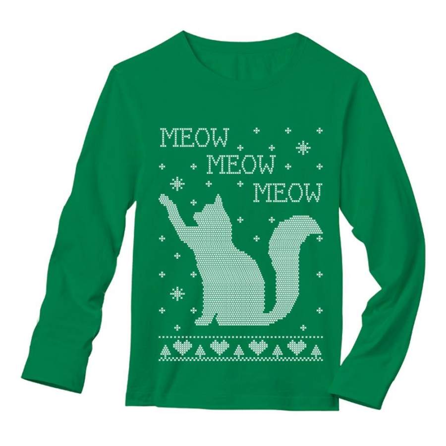 Xmas Apparel – Ugly Christmas Sweater Cat Meow Purr Long Sleeve T-Shirt