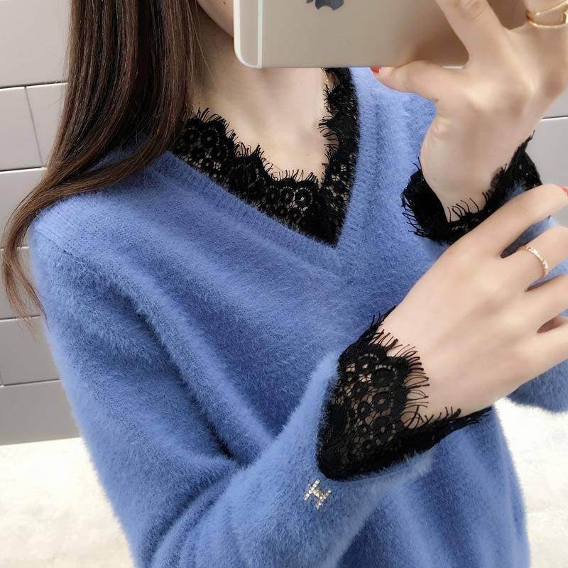 Womens Sweater Fashion V-neck Lace Sweater New Spring Fall Imitation Mink Velvet Pullovers Loose Knitting Jumper Femme Tops Y638 alx