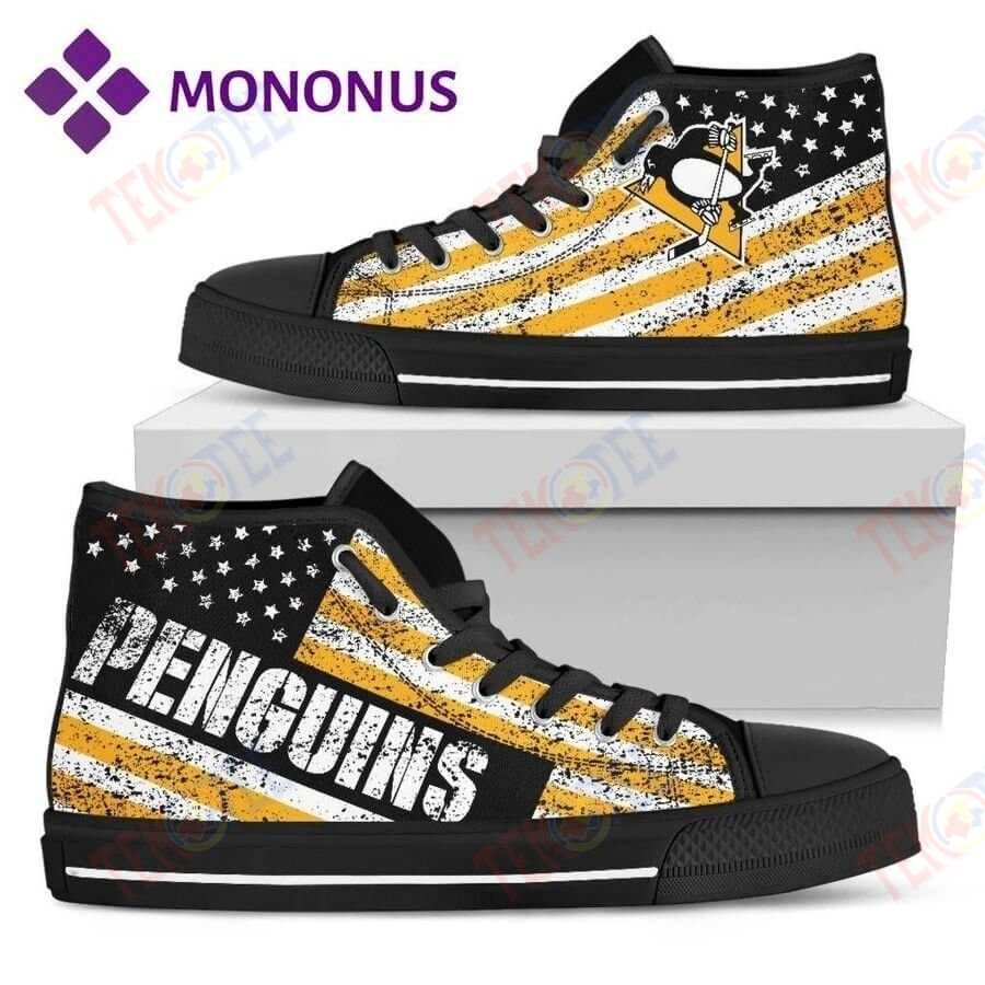 Mens Womens Vintage America Flag Pittsburgh Penguins High Top Shoes Black TMT208