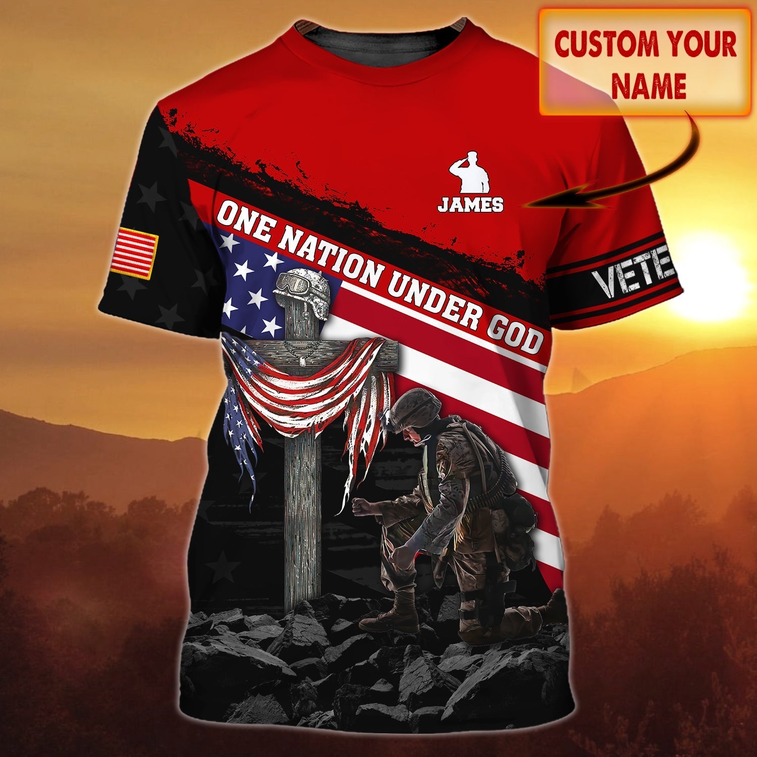 Personalized With Name One Nation Under God 3D Tee Shirt, Veteran Patriotice American Full Print Shirts