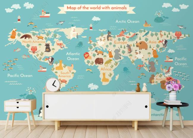 3D Northern Europe Hand-Painted Cartoon Animal Map Wall Mural Wallpaper Sww2180