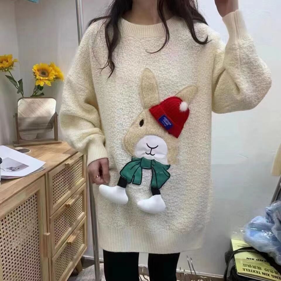 New Autumn Winter Women Loose Pullover Sweater High Quality 3d Rabbit Hat Decorative Knitted Sweater alx